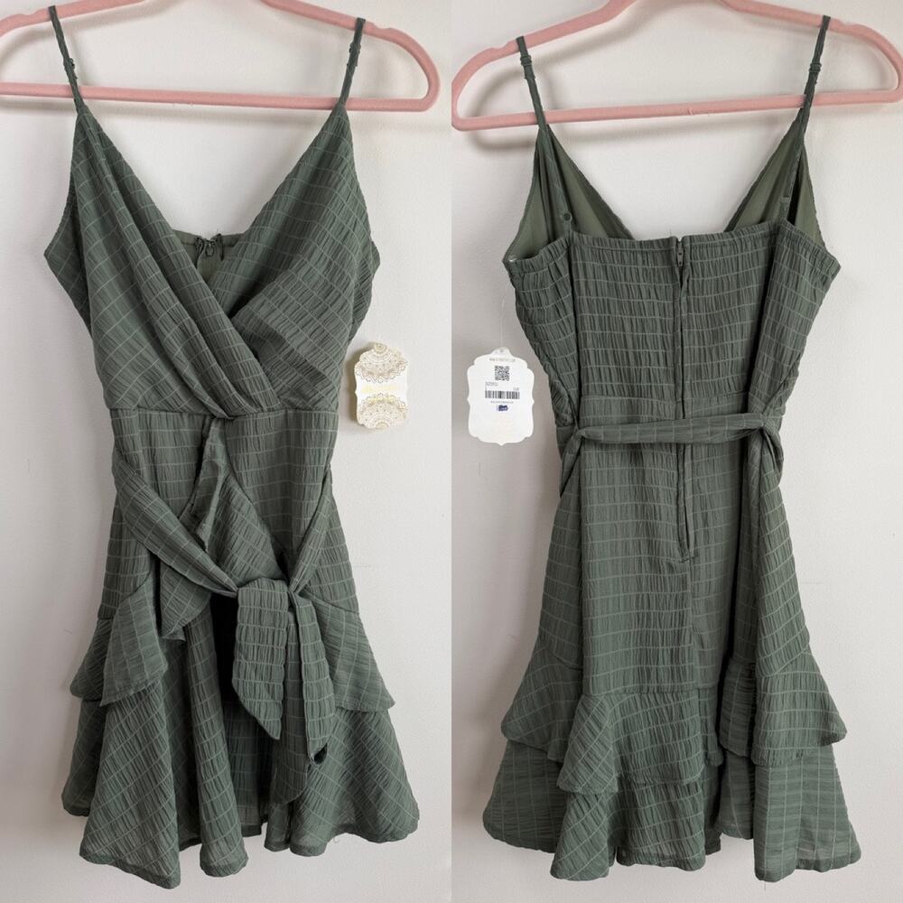 NWT Altar'd State Mini Sundress Ruffle Tie Waist Green S Fall Wedding Guest